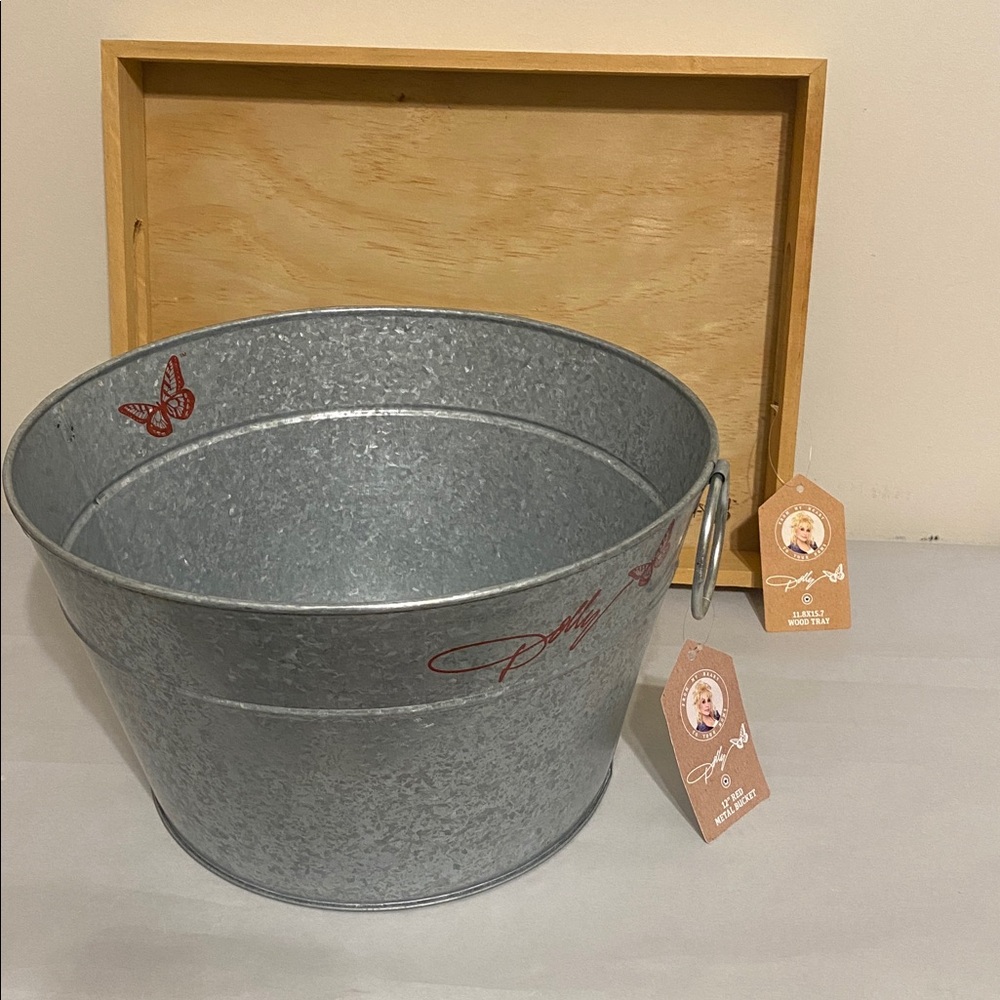 Dolly Parton galvanized tub Bucket & wooden serving tray red Butterfly new